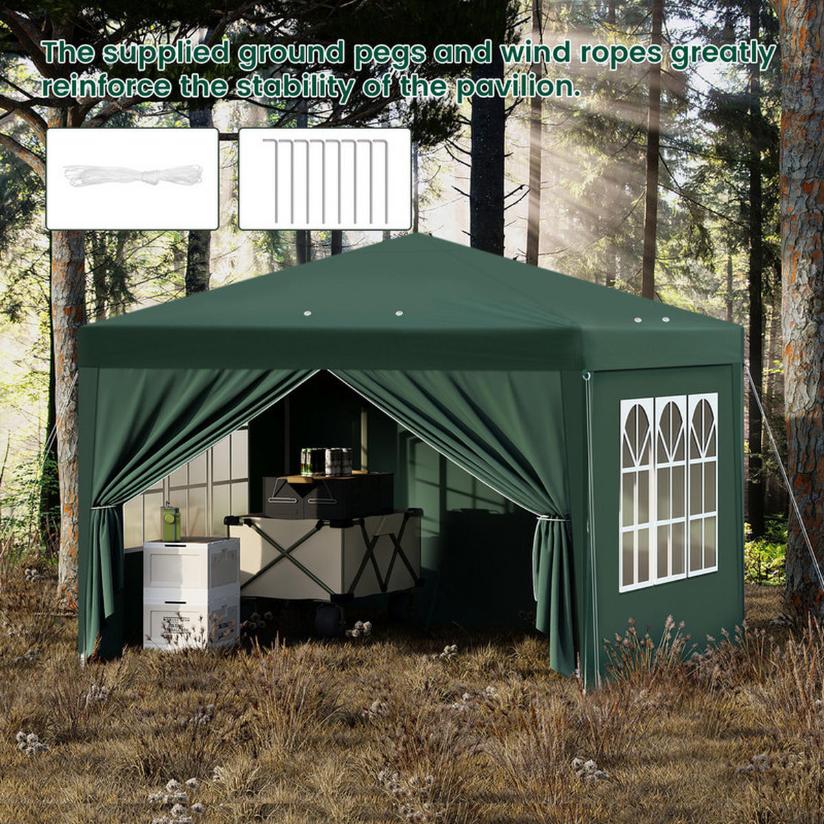 POP-UP-GARTENPAVILLON – 3×3 m, wasserdicht, höhenverstellbar, mit Seitenwänden und Fenstern - Grün, Metall (300/270/300cm) - Kaket