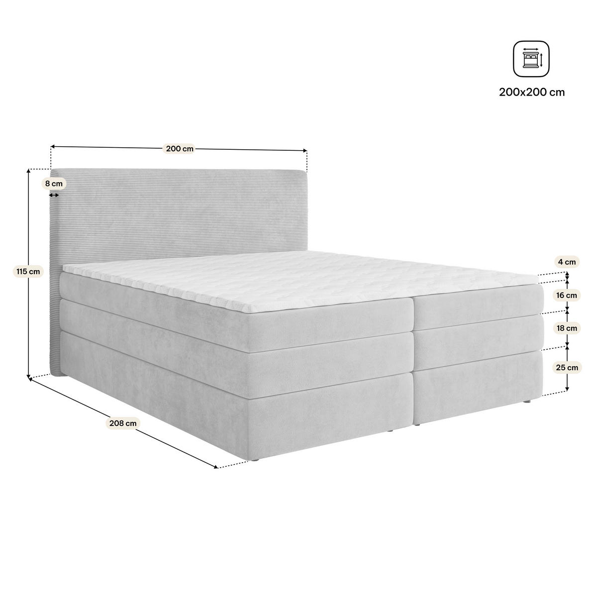 BOXSPRINGBETT MATERN 200x200 cm mit Matratze und Topper, H2+H3 - Rosa - Rosa, Holz (200/200cm) - MASSENO