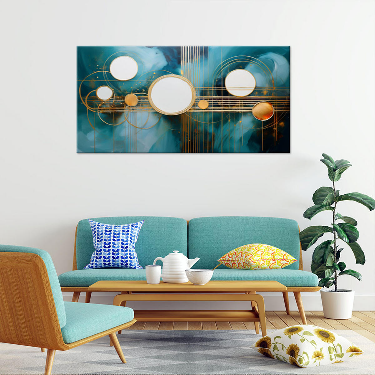 WANDBILD abstrakte geometrische türkisfarbene kreise - Türkis, Textil (100/50cm) - Feeby