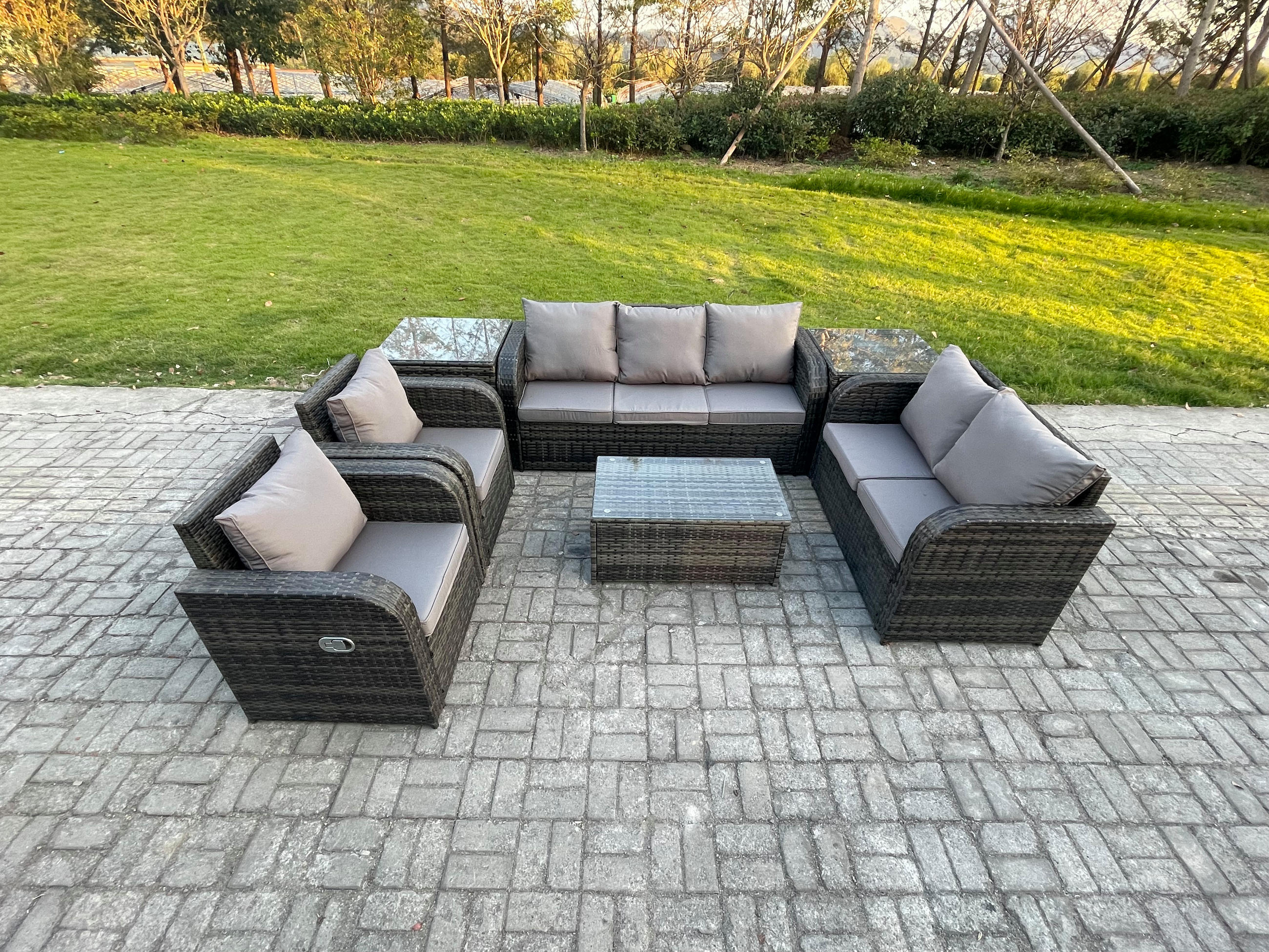 GARTENMÖBELSET mit Couchtisch Polyrattan 7-Sitzer - Dunkelgrau/Grau, Glas/Kunststoff - Fimous