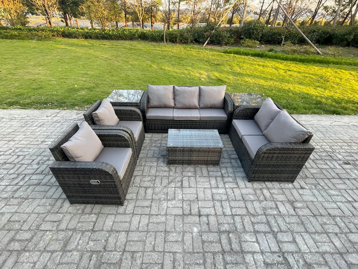 GARTENMÖBELSET mit Couchtisch Polyrattan 7-Sitzer - Dunkelgrau/Grau, Glas/Kunststoff - Fimous