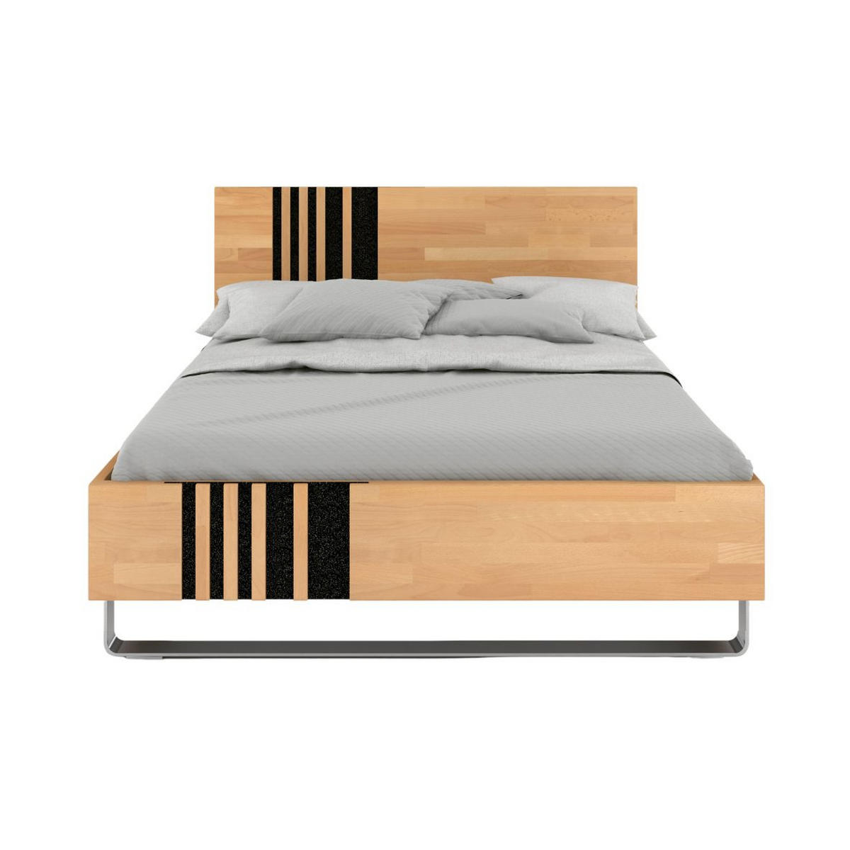 MASSIVHOLZBETT Kielce mit Metallfüßen, Buche - lackiert, Naturfarben, Schwarz Glas, 160x200 - Edelstahlfarben/Buchefarben, Holz/Metall (160/200cm) - Visby
