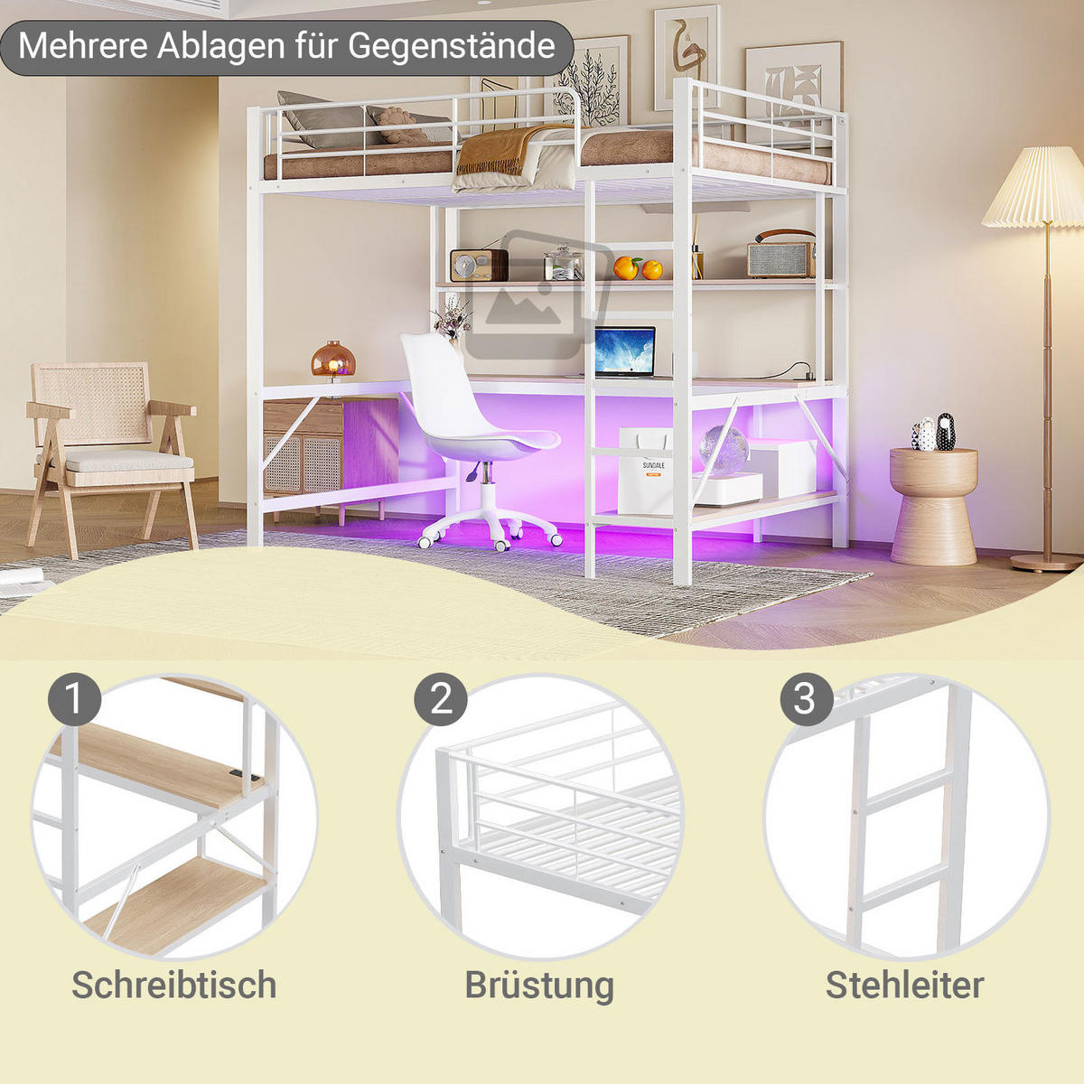 HOCHBETT 140/200 cm in Weiß mit Schreibtisch, Regal, USB und LED-Beleuchtung - Weiß, Metall (140/200cm) - Flora Grace