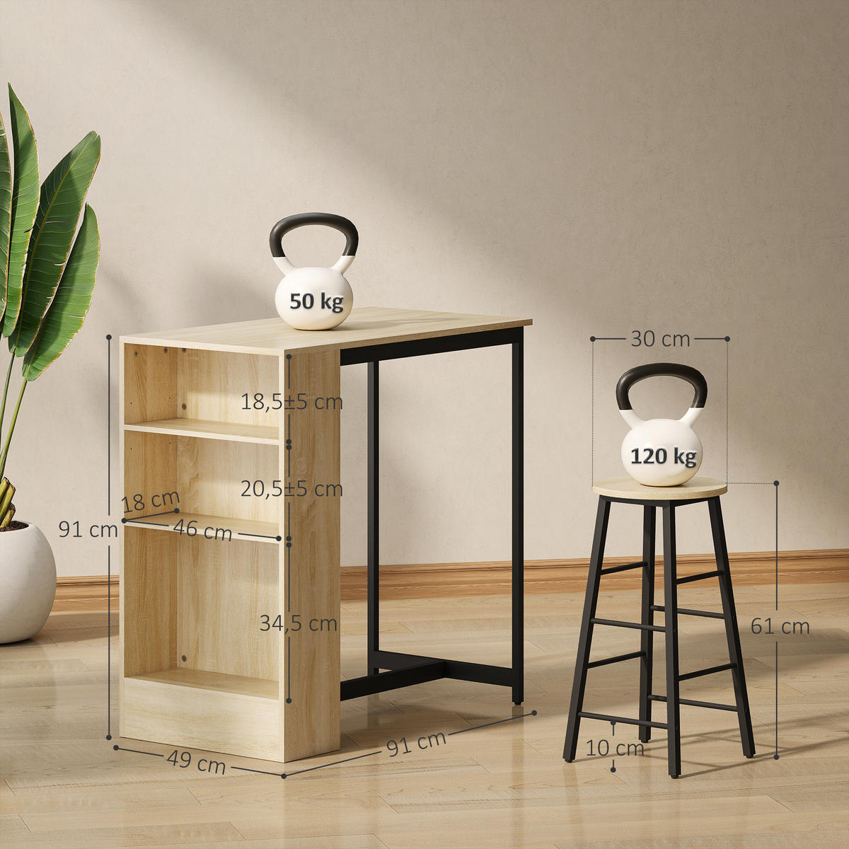 BARTISCH-SET DE-14758 mit 2 Hockern & verstellbarer Ablage Eiche/Schwarz - Eichefarben, Holzwerkstoff (91/49/91cm) - ComfortXL