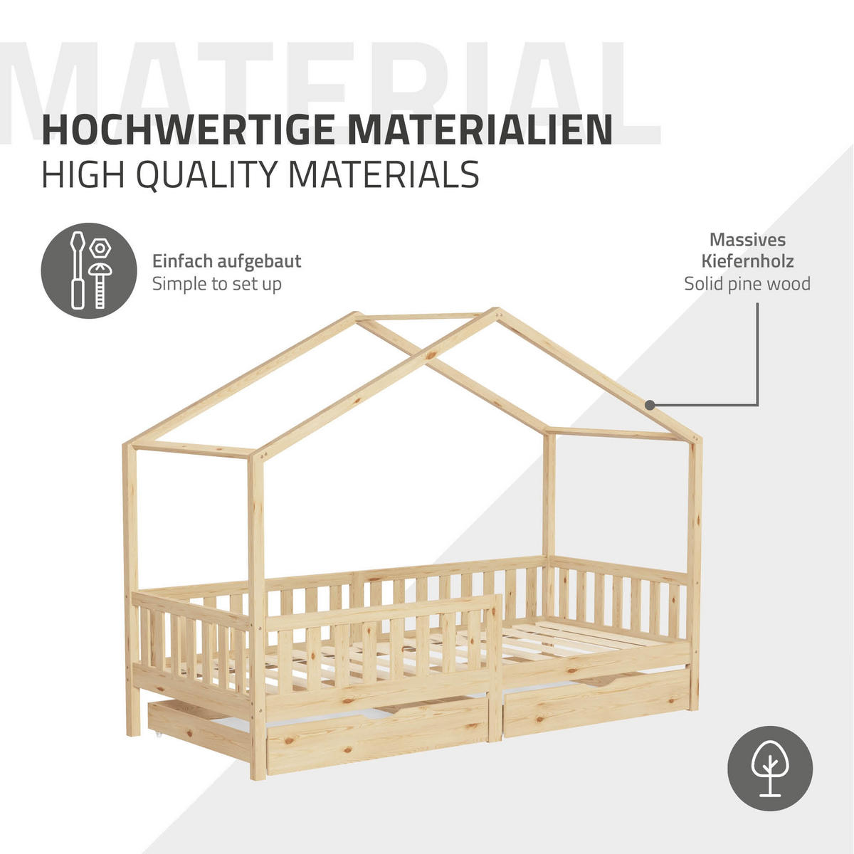 HAUSBETT 90x200 cm Natur aus Kiefernholz mit 2 Schubladen und Rausfallschutz - Beige, Holz (90/200cm) - ML-DESIGN