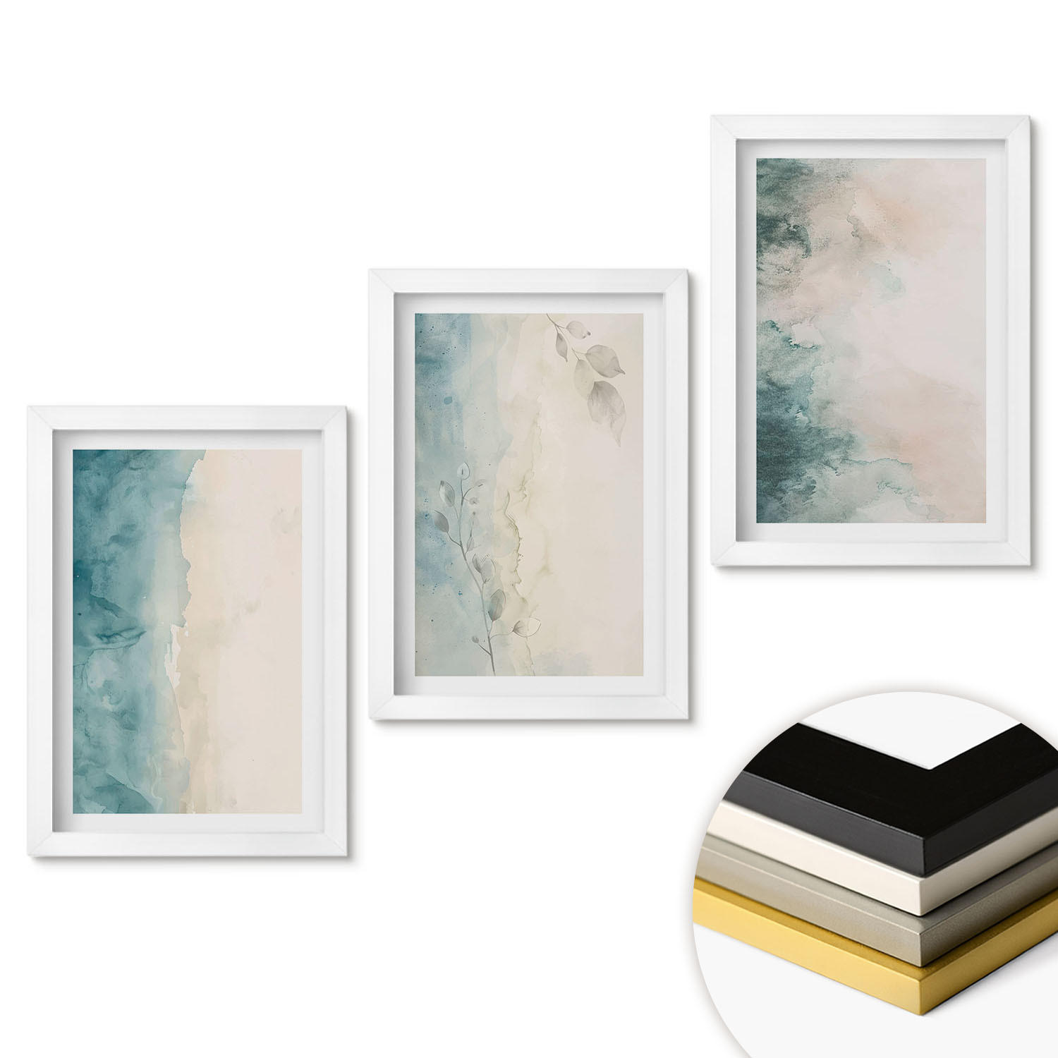 WANDBILDER 3er-Set - 20x30 cm Weißer Rahmen - Minimalismus auf Aquarellleinwand - Weiß, Kunststoff (20/30cm) - ArtPrintCave