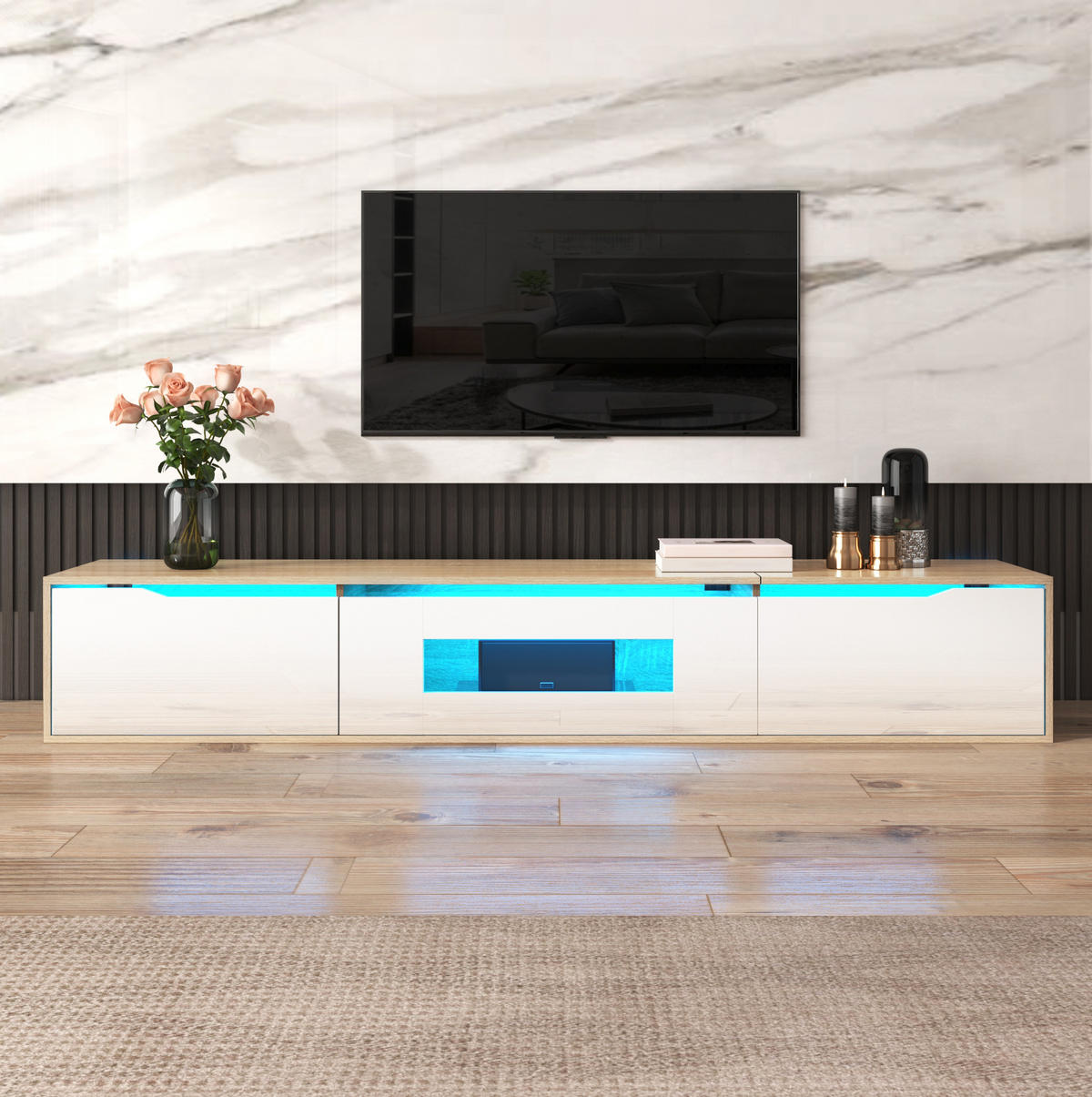 LOWBOARD 180/35/30 cm aus Holzwerkstoff mit Hochglanzfront und LED-Beleuchtung Weiß - Weiß, Holzwerkstoff (180/30/35cm) - Modenvie