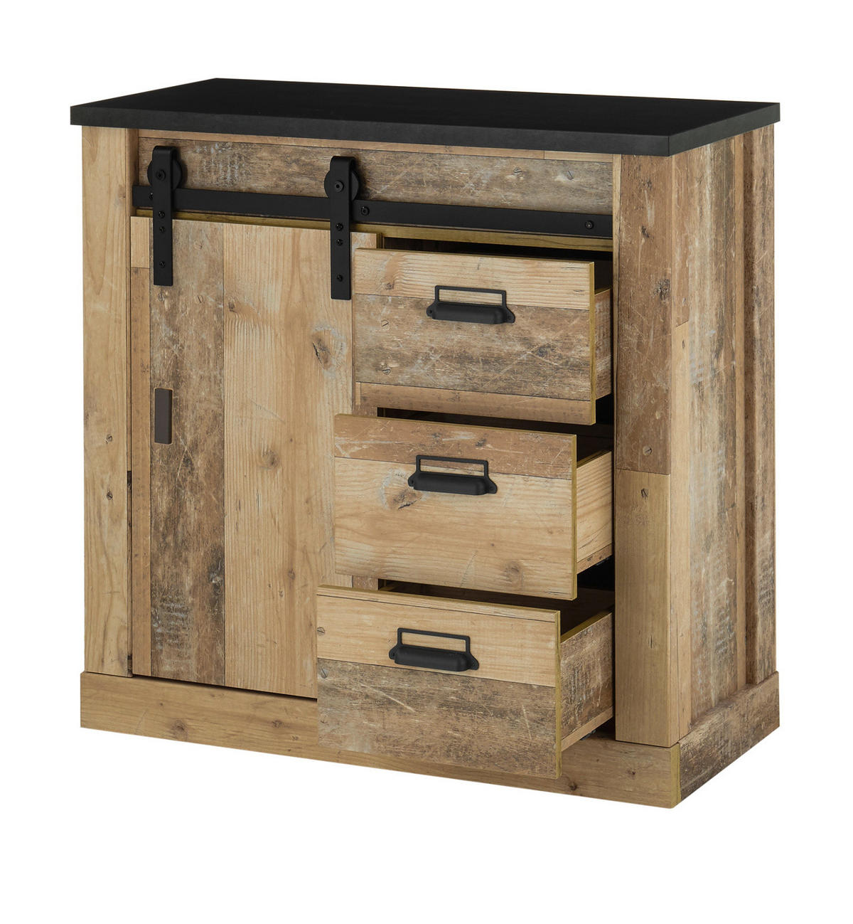 KOMMODE Used Wood hell, anthrazit, Sideboard mit Soft-Close - Anthrazit/Schwarz, Holzwerkstoff/Metall (93/91/43cm) - Furn.Design