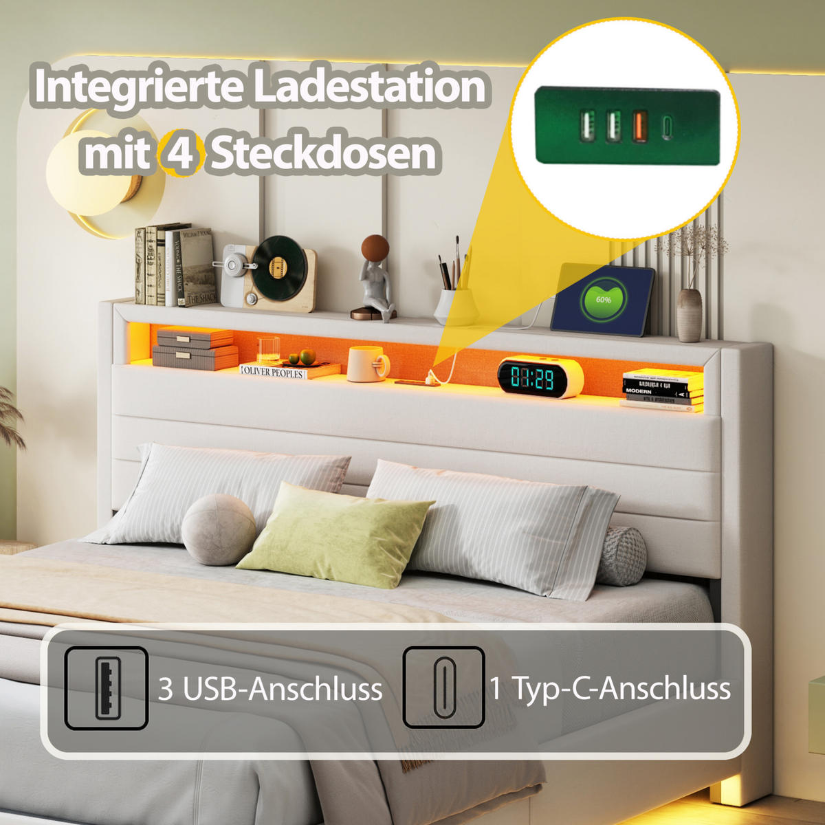 POLSTERBETT 160/200 cm Beige Hydraulisches Stauraumbett mit USB und LED-Beleuchtung - Beige, Textil (160/200cm) - OKWISH