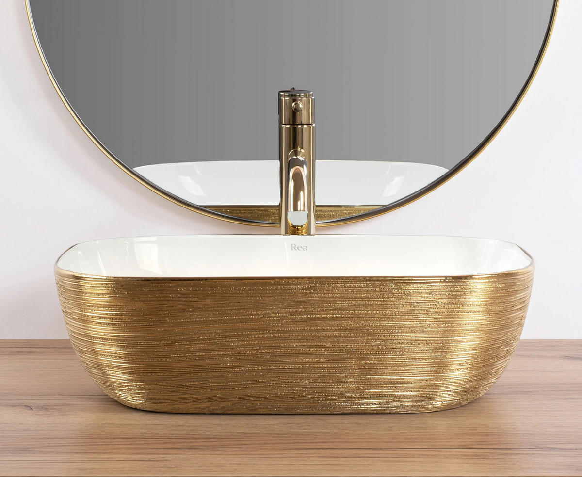AUFSATZWASCHBECKEN BELINDA WHITE GOLD BRUSH 46,5/33,5/13,5 cm - Goldfarben, Keramik (46.5/13.5/33.5cm) - REA