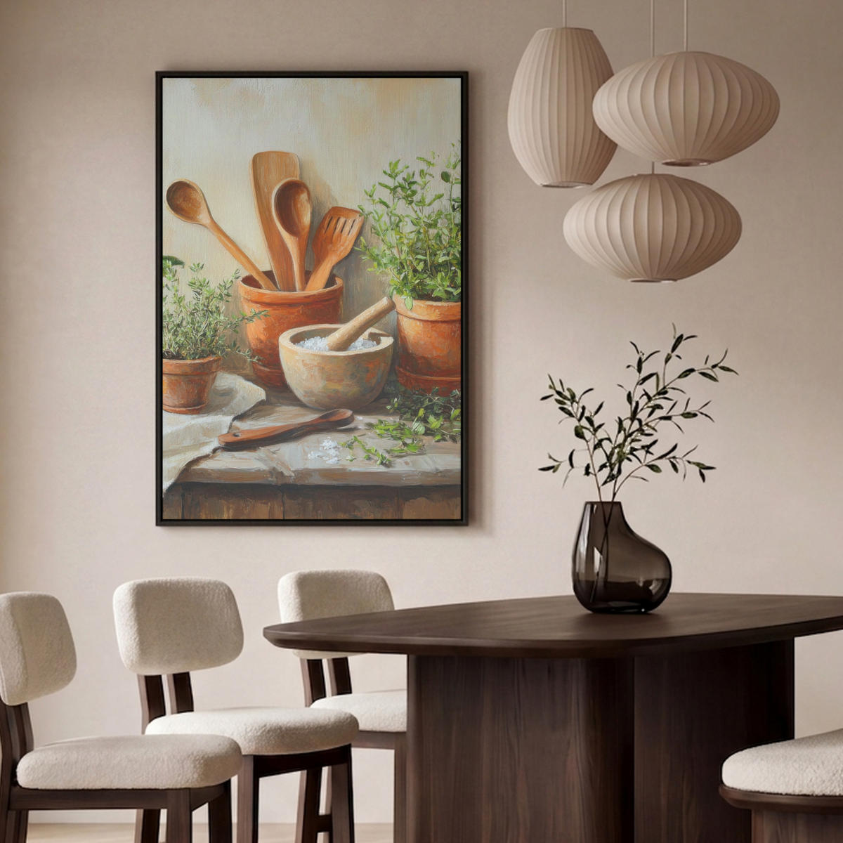 LEINWAND Bilder mit Rahmen - Töpfe - Kräuter - Holz - 80x120 - Terracotta, Textil (80/120cm) - MuchoWow