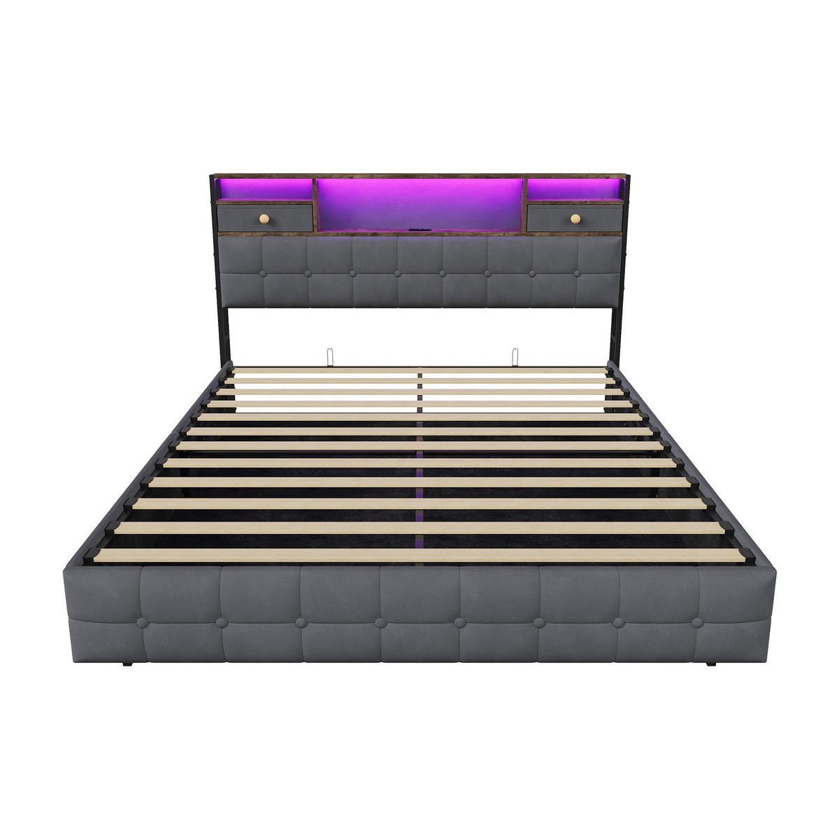 BETT mit hydraulischem Bettkasten, 160/200 cm, mit Samtbezug, LED-Beleuchtung und USB-Anschlüssen, Grau - Grau, Textil/Metall (160/200cm) - Waldena
