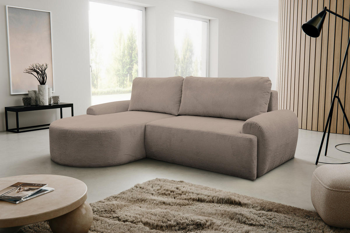 ECKSOFA Dream Cord in L-Form mit Schlaffunktion und Bettkasten, Farbe: Braun, Cordstoff, Ottomane Links - Braun, Textil (136/260cm) - VENASI MÖBEL