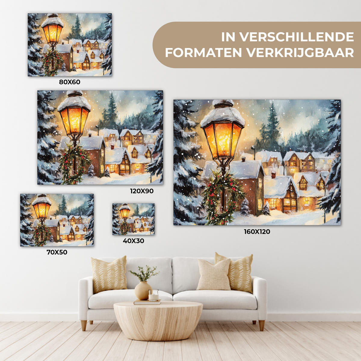 LEINWANDBILD Weihnachtsdorf - Häuser - Schnee - Weihnachten Wandbild 40x30 cm - Sandfarben, Textil (40/30cm) - MuchoWow