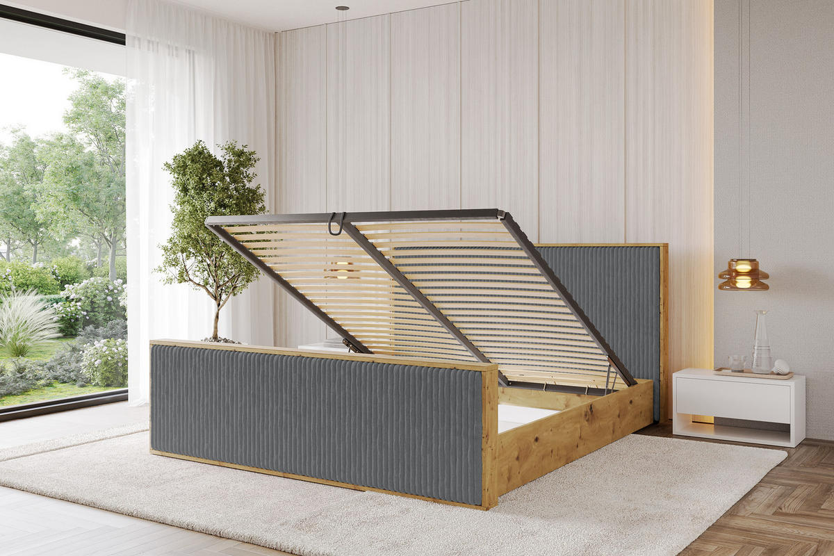 POLSTERBETT mit Bettkasten und Lattenrost, Boxbett mit Stauraum und Kopftei mit Matratze H3/H4 - ENZO10 120x200 Dunkelgrau - Dunkelgrau, Holzwerkstoff/Textil (120/200cm) - ALTDECOR