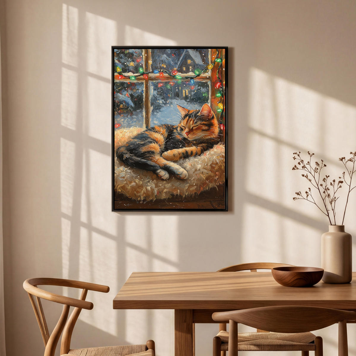 LEINWAND Bilder mit Rahmen - Katze - Weihnachten - Winter - Tier - 60x90 - Bernsteinfarben, Textil (60/90cm) - MuchoWow