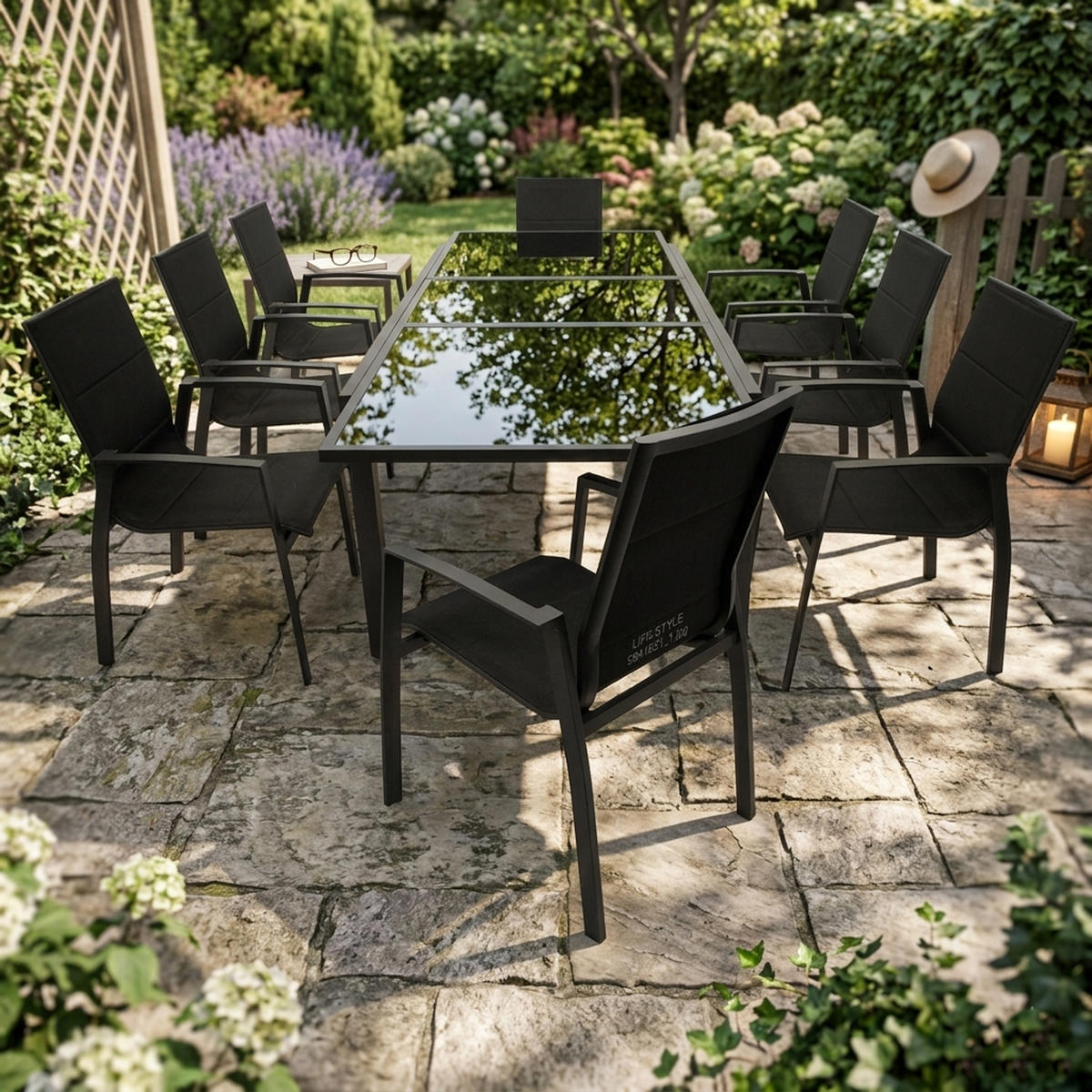 GARTEN-GARNITUR Ashford - 9-teilige Garten-Essgruppe (8x Stapelsessel mit Aluminiumgestell schwarz, Bespannung Textillehne schwarz - Schwarz, Metall - TPFGarden