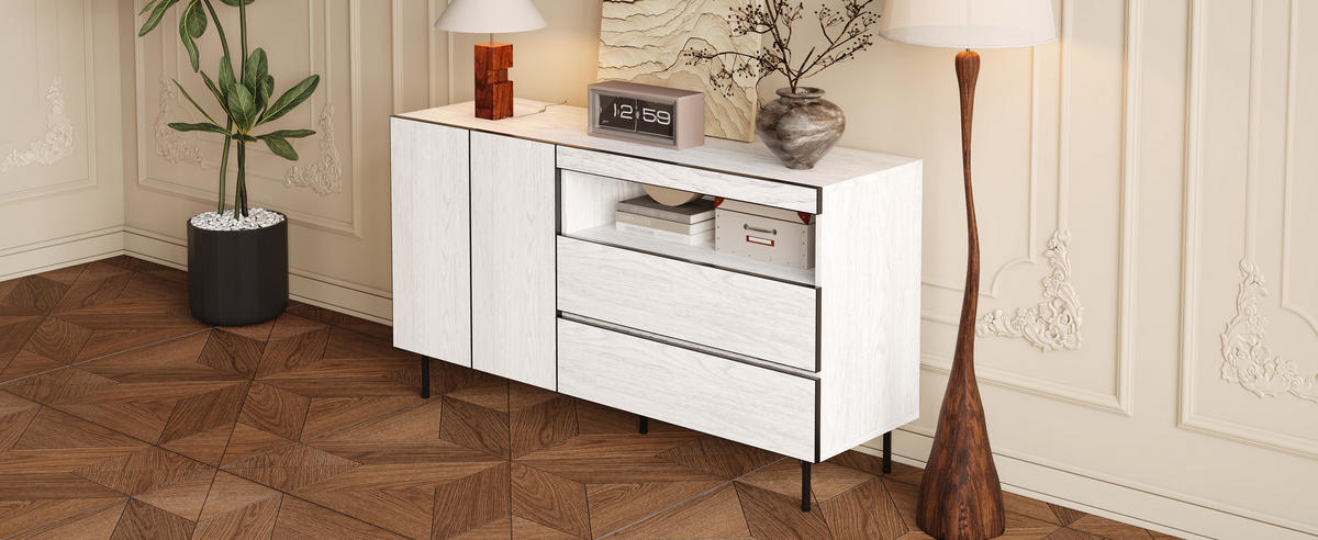 SIDEBOARD 2 Türen 2 Schubladen Offene Regale Multifunktional - Weiß, Holzwerkstoff (42/77/140cm) - FLIEKS