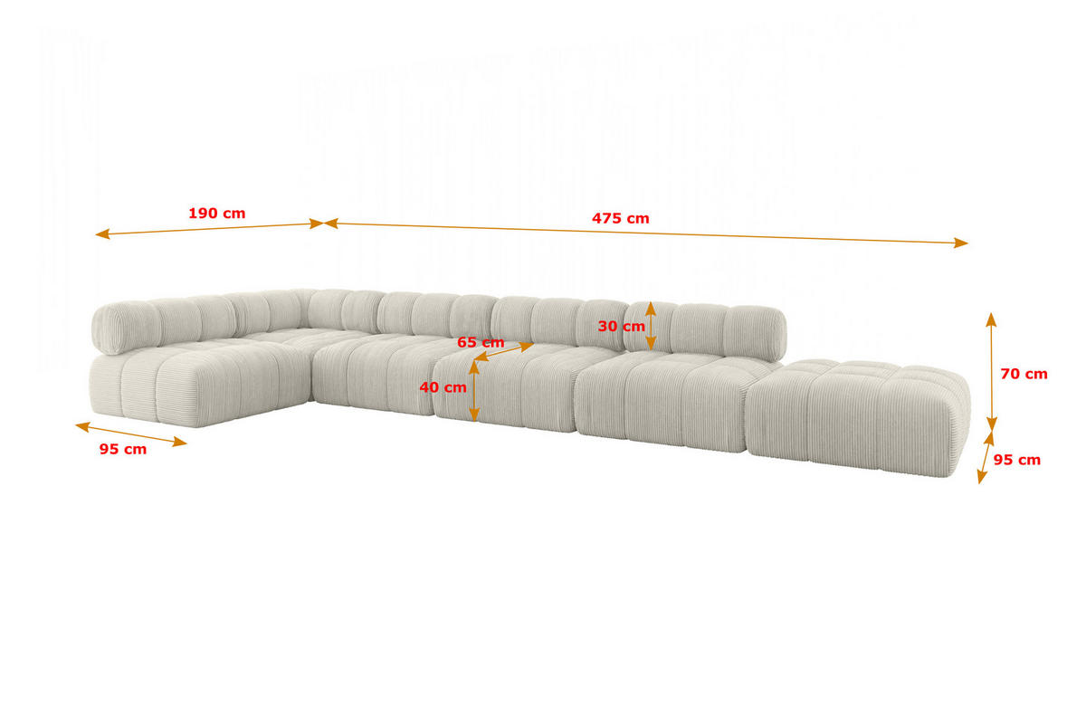 ECKSOFA modulares Sofa Favio-L3 - 475x190x70 cm Creme Cord - Hellgrau/Creme, Holzwerkstoff/Textil (475/190cm) - ALTDECOR