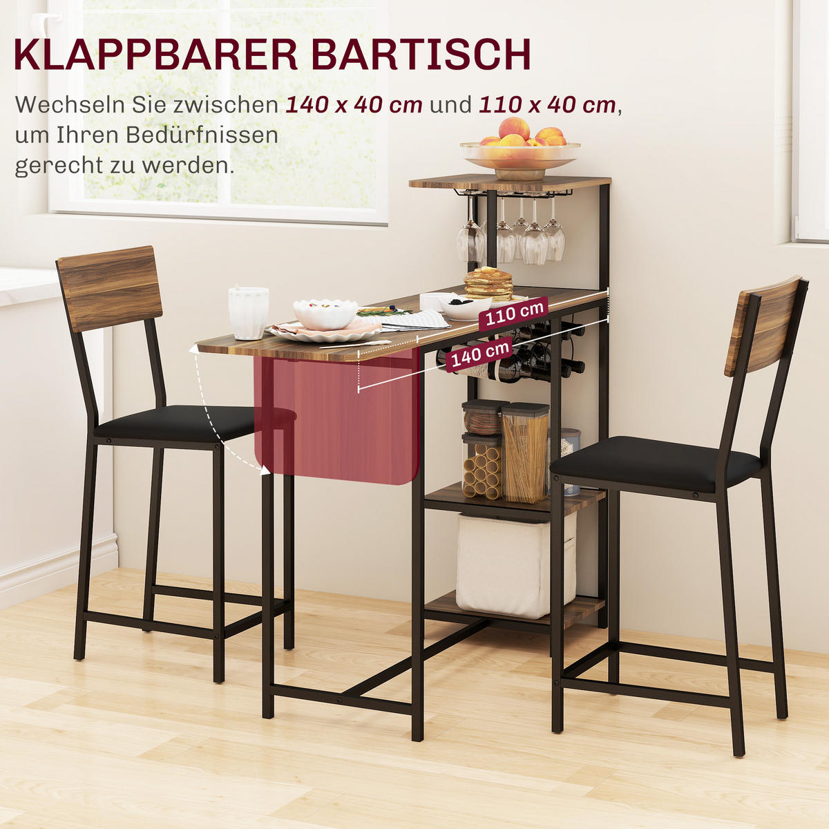 BARTISCH mit Barhocker Set, 3-tlg. 2 Barstühlen, Stahlrahmen Braun - Braun, Metall (140/116/40cm) - HOMCOM