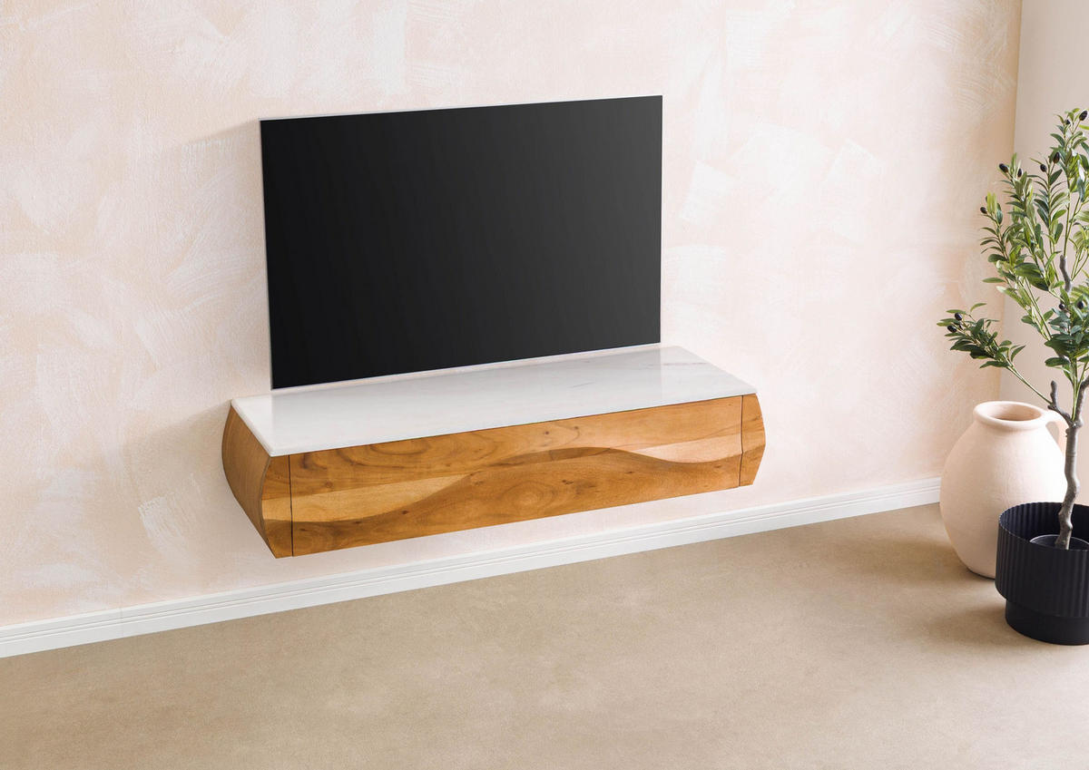 LOWBOARD Akazie 124x40x25 natur lackiert / Marmor weiß MONTREAL #132 - Naturfarben, Holz (124/25/40cm) - Massivmoebel24