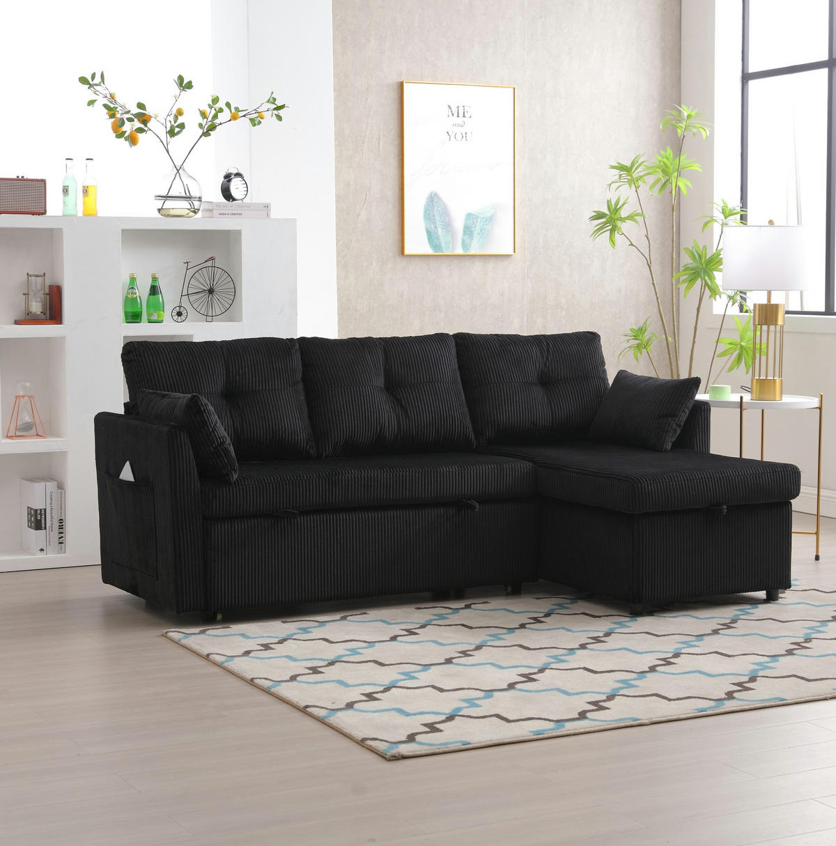 ECKSCHLAFSOFA Cord modular mit Stauraum Schwarz 206/108/66 cm - Schwarz, Textil (108/206cm) - Redom