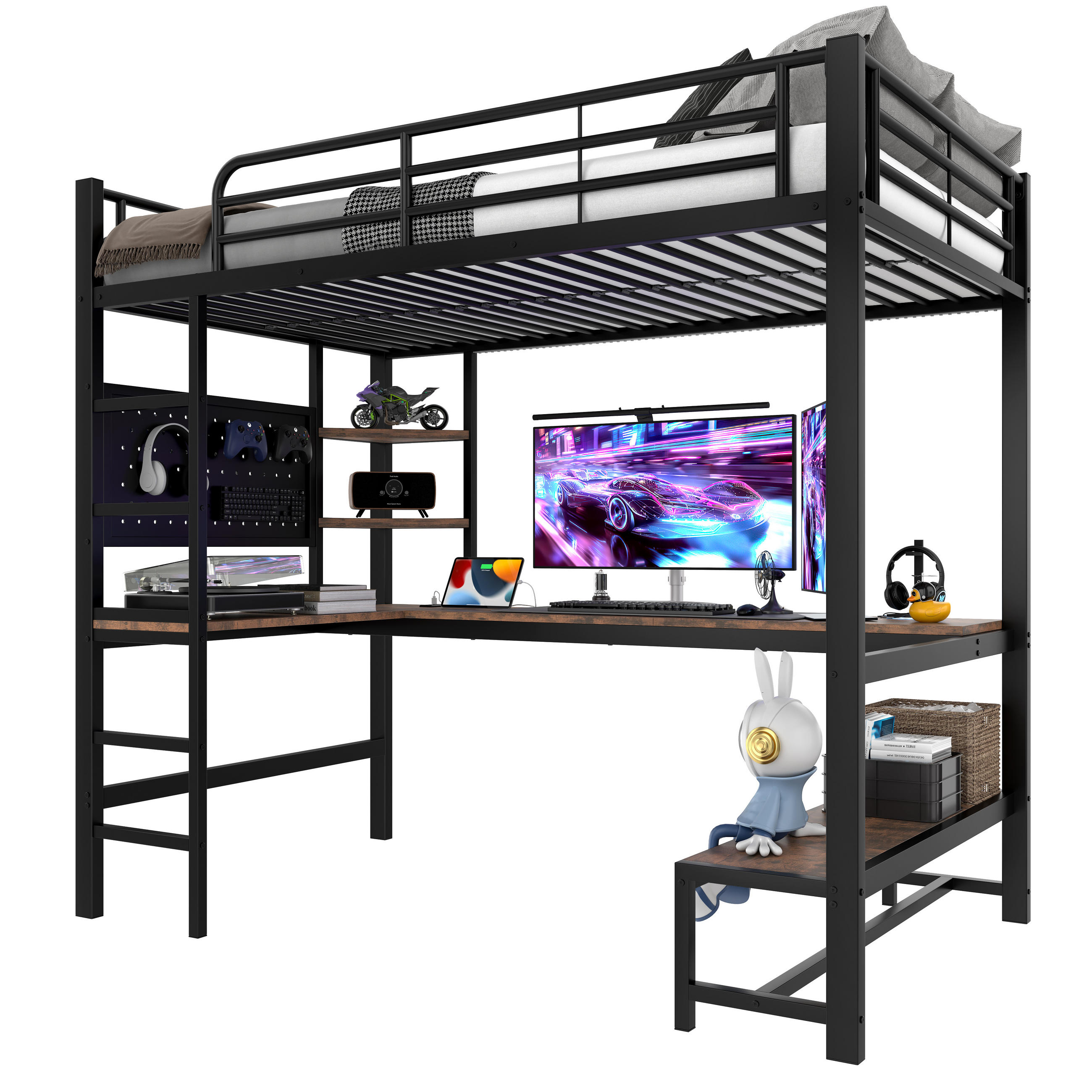 STILVORA HOCHBETT 90/200 cm in Schwarz mit Schreibtisch, Regal, LED und USB/Type-C