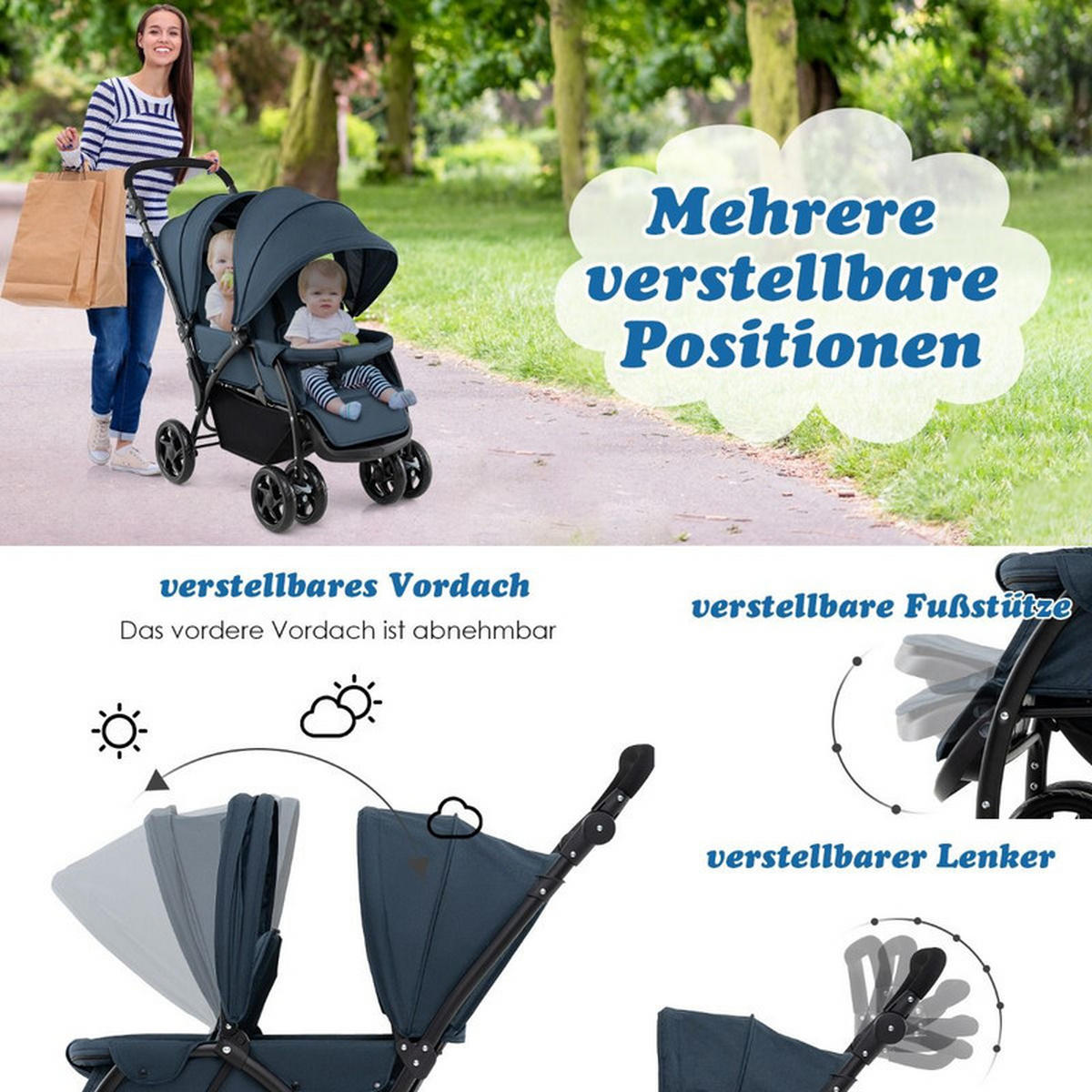 GESCHWISTERWAGEN klappbar blau - Blau, Metall (57/123/95cm) - COSTWAY