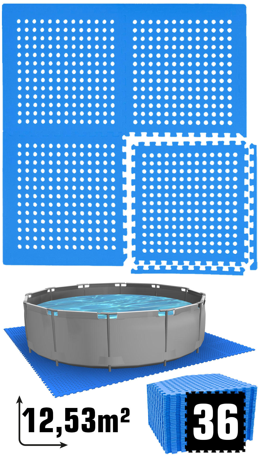 POOLMATTEN für 305 cm Pool - 36 EVA Matten 62 cm Blau - Blau, Kunststoff (62/62cm) - eyepower