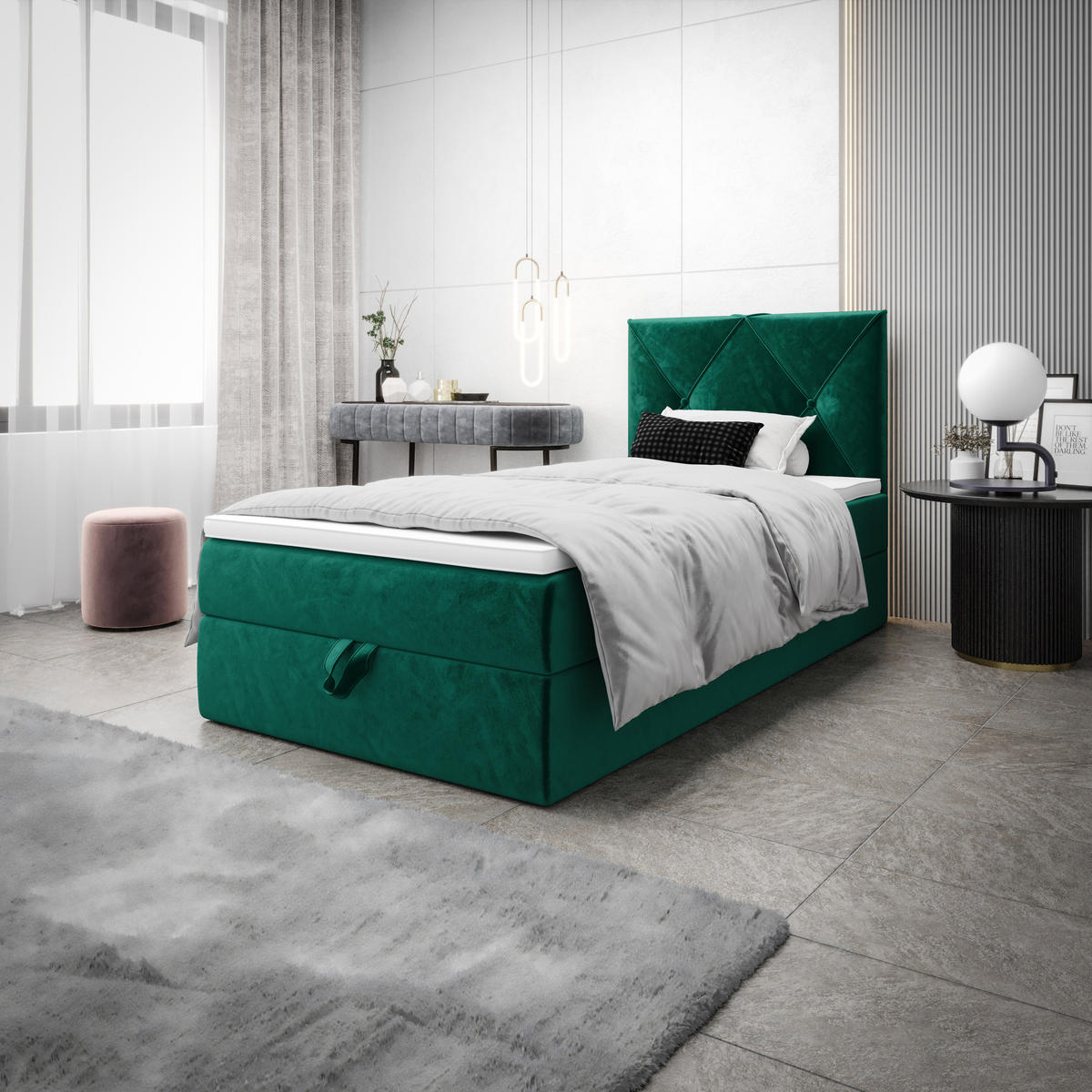 BOXBETT ALTEA 100x200 Monolith 37, mit Matratze H3, Bonell und Topper, Grün - Grün, Holz/Kunststoff (100/200cm) - Bedante