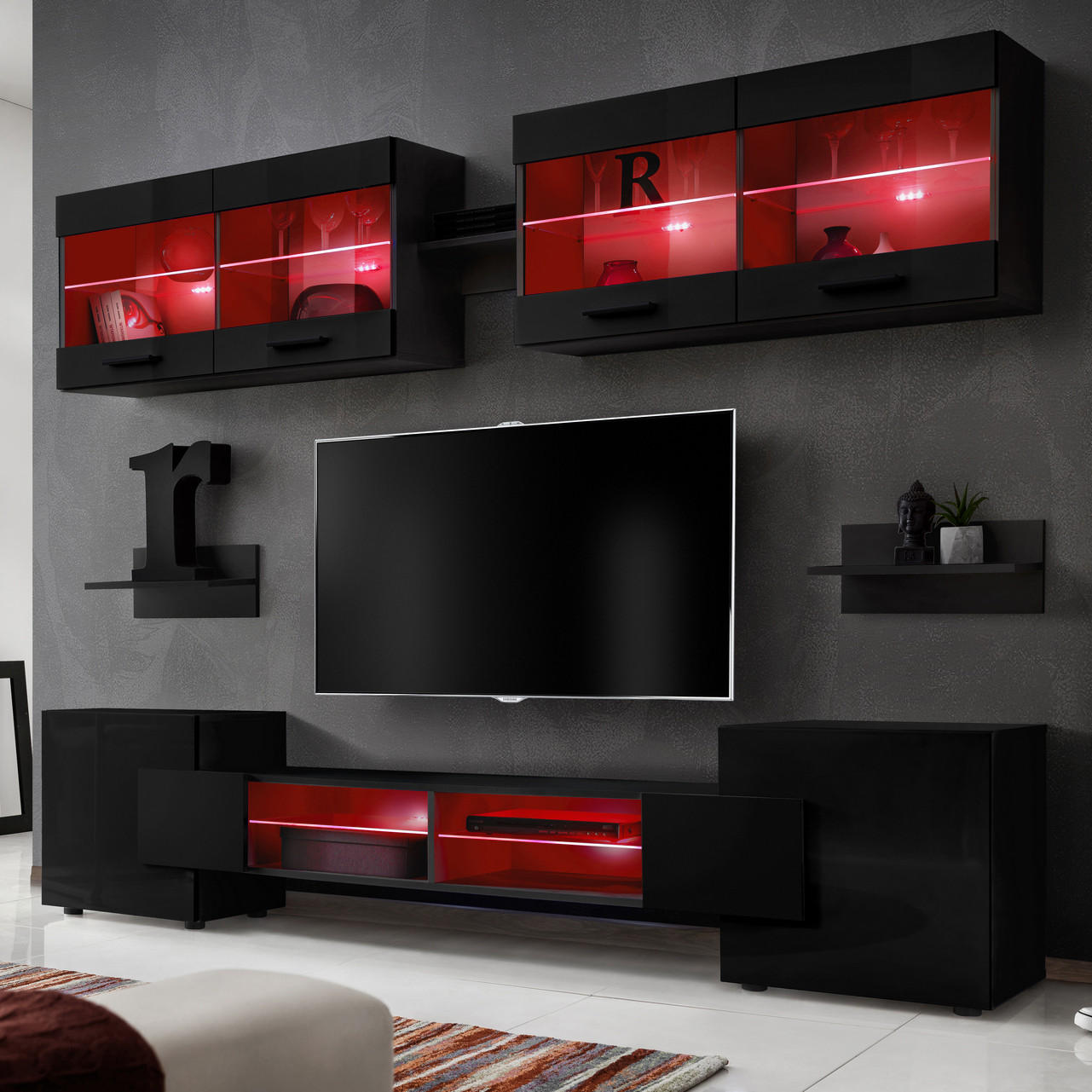 WOHNZIMMERSET Foggia, 6er-Set, Schwarz, Front Hochglanz Schwarz, LED Mehrfarbige - Schwarz, Glas/Holzwerkstoff (230/190/45cm) - Komodee