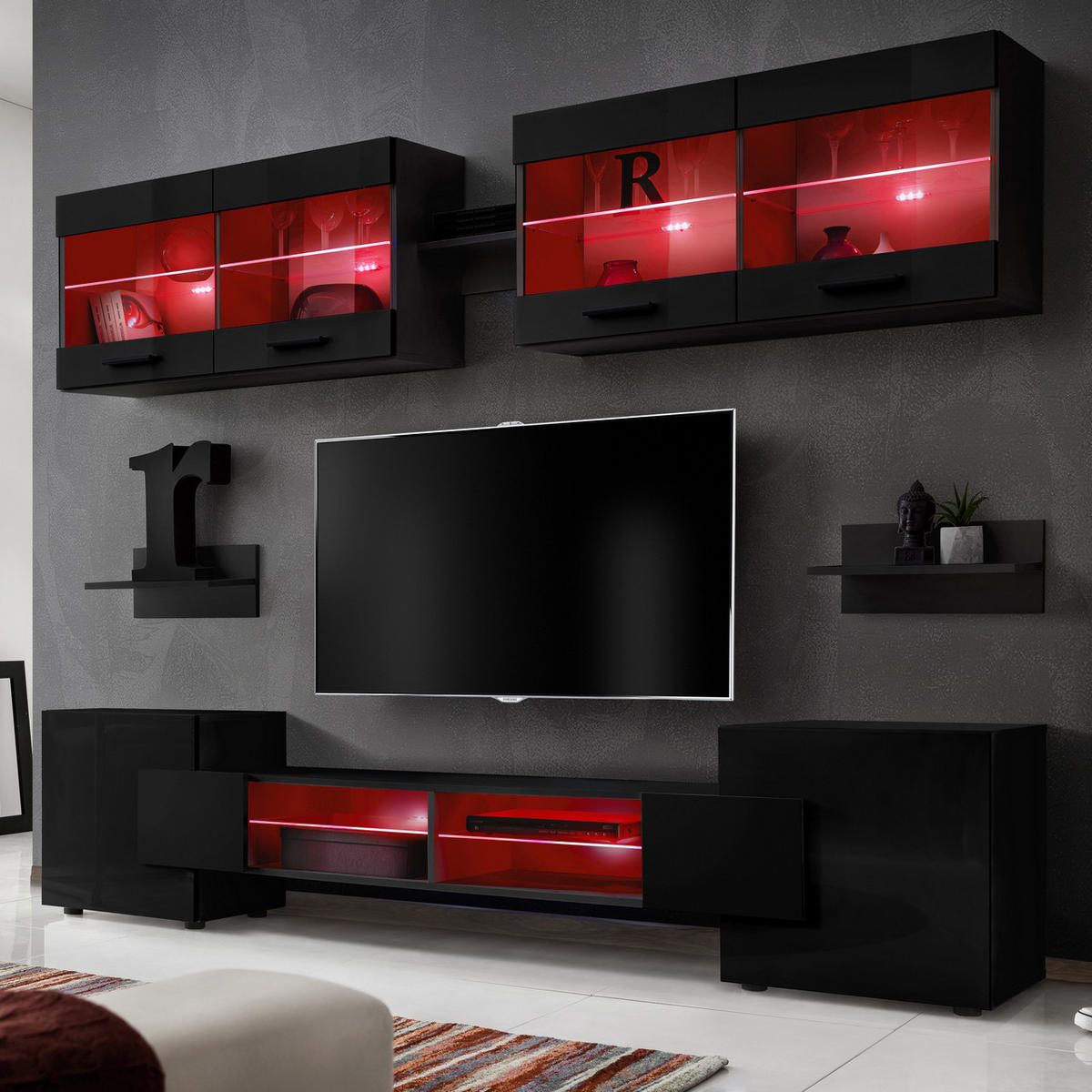 WOHNZIMMERSET Foggia, 6er-Set, Schwarz, Front Hochglanz Schwarz, LED Mehrfarbige - Schwarz, Glas/Holzwerkstoff (230/190/45cm) - Komodee