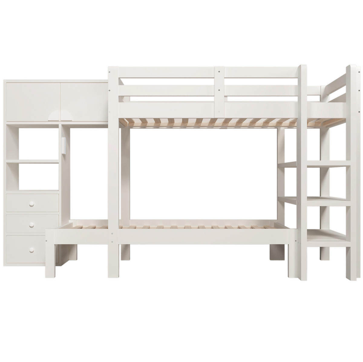 ETAGENBETT aus Massivholz und MDF 90x200 cm Weiß mit Nachtlicht, Schrank, Regal und Schubladen - Weiß, Metall (90/200cm) - Modfu