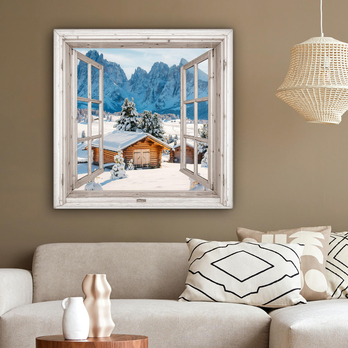 LEINWANDBILD Winterlandschaft - Hütte - Berge - Ausblicke - Aussicht - Natur 90x90 cm - Weiß Hochglanz, Textil (90/90cm) - MuchoWow