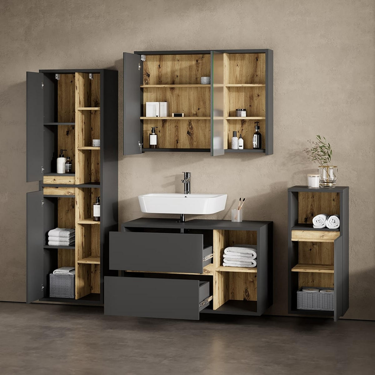 BADMÖBEL-SET Vomano Anthrazit 4 Teile - Eichefarben/Anthrazit, Holzwerkstoff (100/60/45cm) - Livinity®