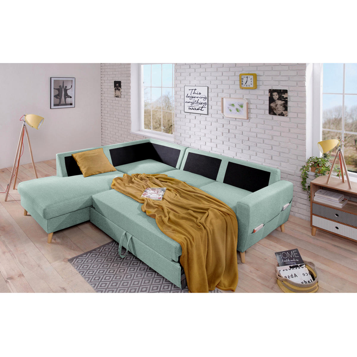 ECKSOFA mit Ottomane - Webstoff - Hellbraun/Mintgrün, Holz/Textil (230/200cm) - home24