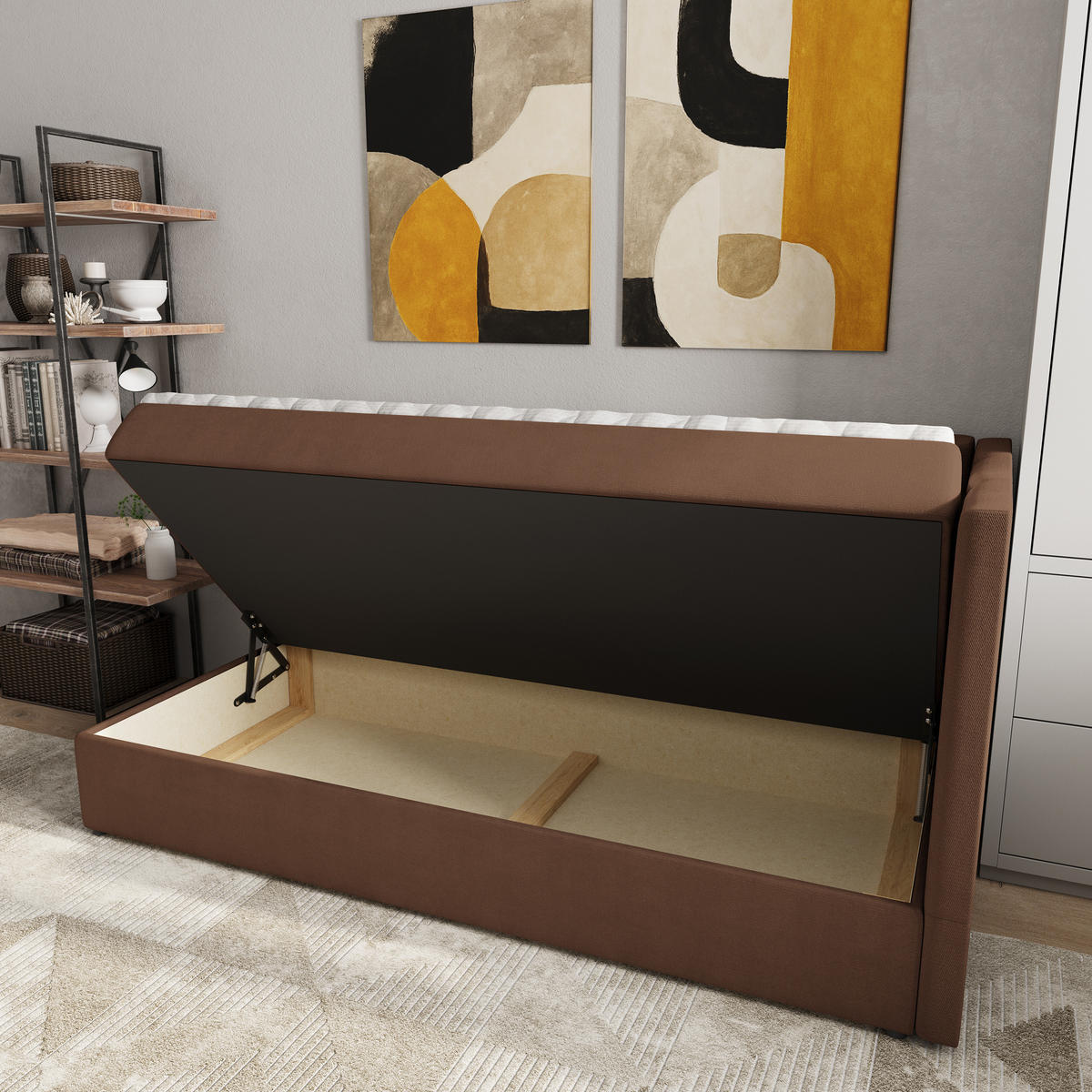 BOXBETT BEVE 80x200 cm mit Matratze und Topper, H2+H3 - Braun - Braun, Holz (80/200cm) - MASSENO