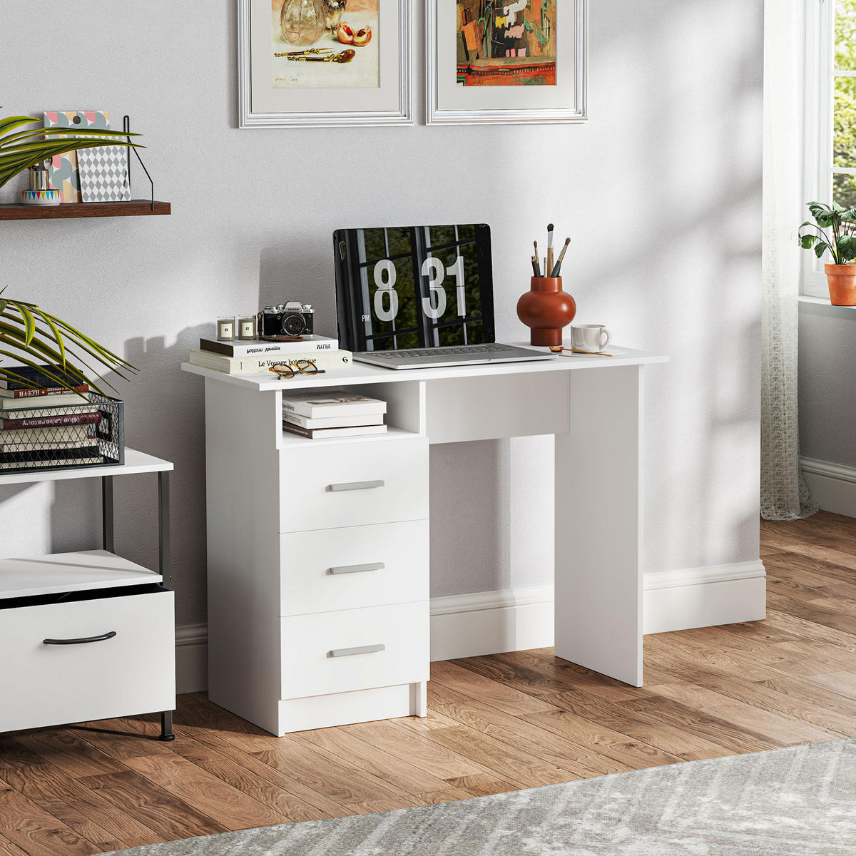 SCHREIBTISCH Weiß mit 3 Schubladen und offenem Ablagefach 100/40/75 cm - Weiß, Holzwerkstoff (40/100/75cm) - PANGIVO