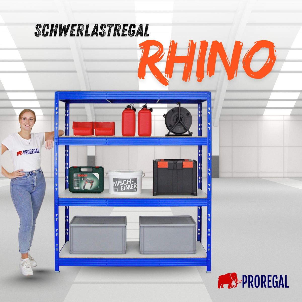 SCHWERLASTREGAL Rhino 180x160x60 cm 4 Melamin-Ebenen 16mm Fachlast 500 kg Blau - Blau/Weiß, Metall (160/180/60cm) - PROREGAL