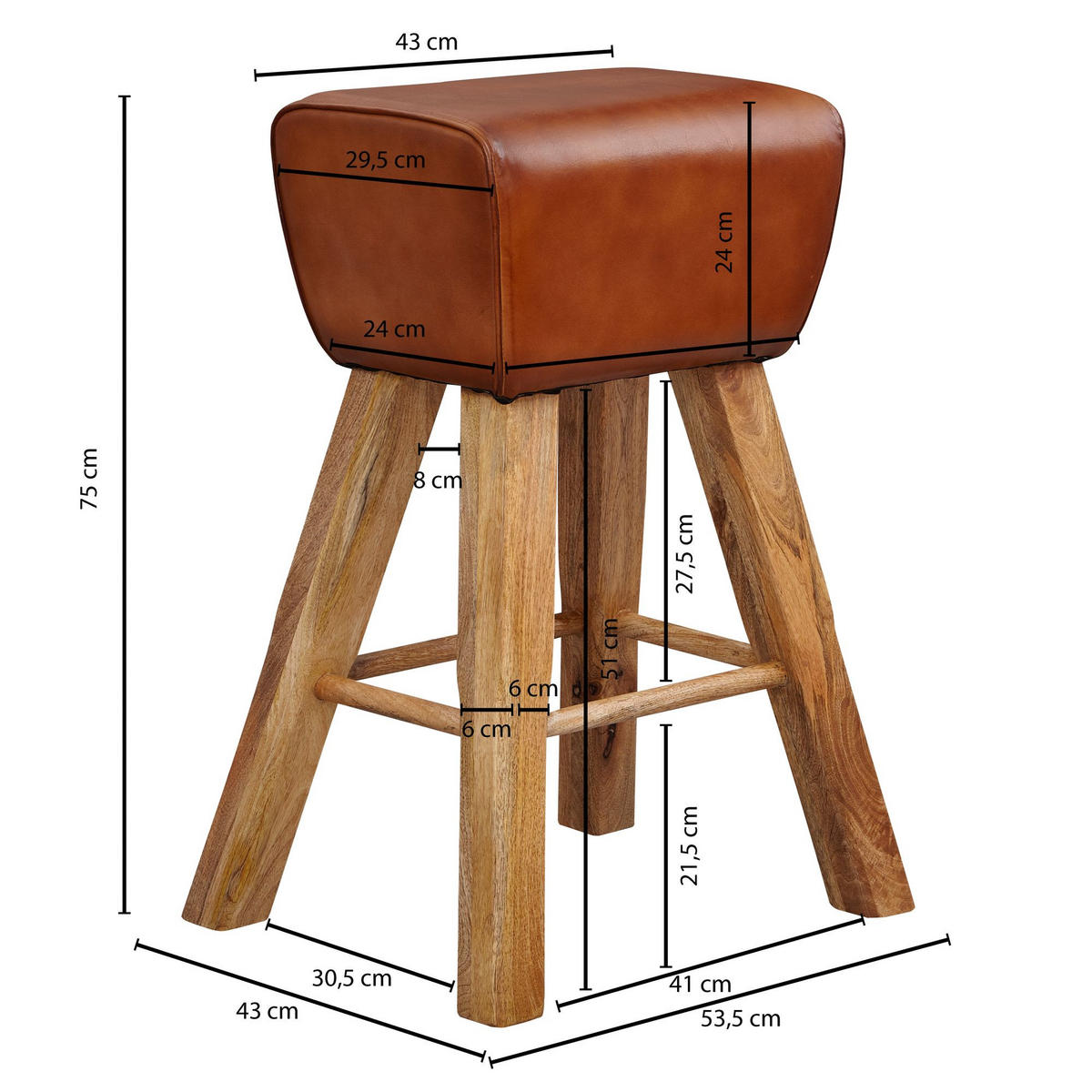 BARHOCKER – Ziegenleder und Mango Massivholz, Turnbock-Design, 43x75x43 cm, Dunkelbraun - Braun, Mangoholz/Leder (43/75/43cm) - KADIMA DESIGN