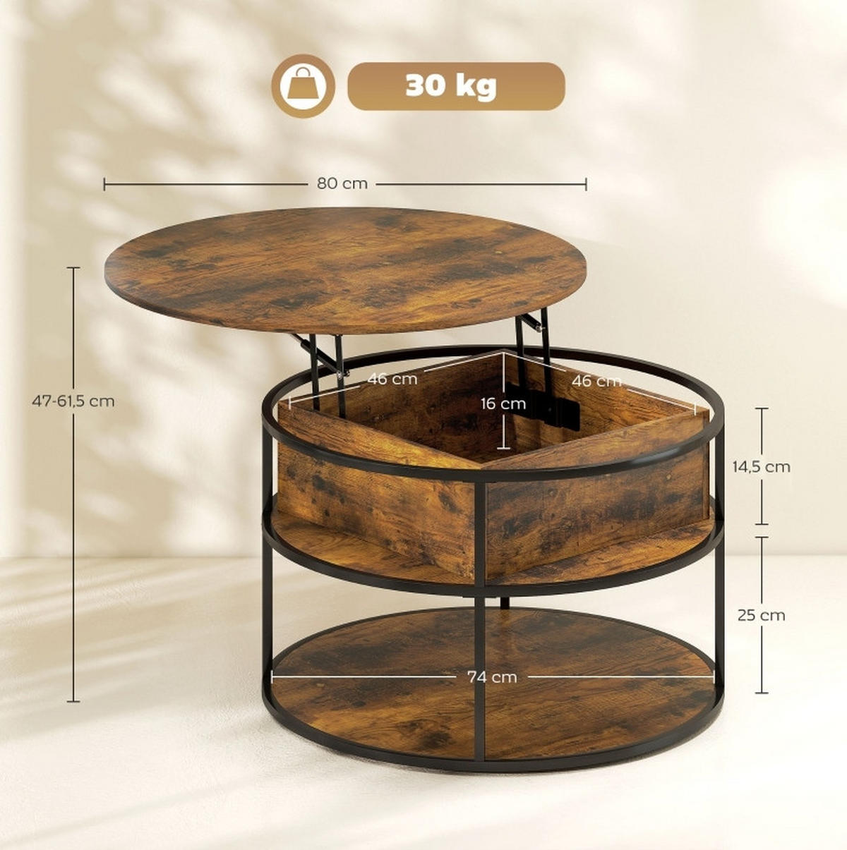 KONFERENČNÝ stolík 80/80/47-61,5 cm hnedý z dreva výškovo nastaviteľný so skrytým úložným priestorom - hnedá, drevo (80/80/61.5cm) - OKWISH