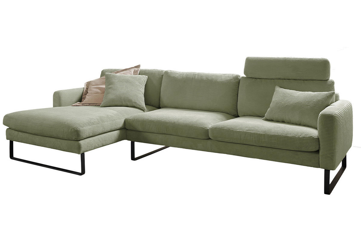 ECKSOFA RICARDA Dunkelgrün Cord - Dunkelgrün/Schwarz, Textil/Metall (298/154cm) - KAWOLA
