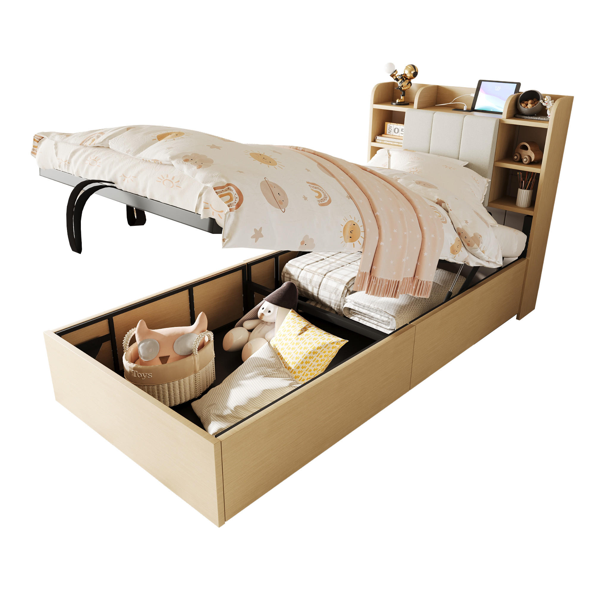 BETT aus MDF 90x200 cm Holzfarbe/Grau mit hydraulischem Stauraum, USB- und Type-C-Anschluss, Kopfteil mit Ablagen - Naturfarben, Holzwerkstoff (90/200cm) - Modfu
