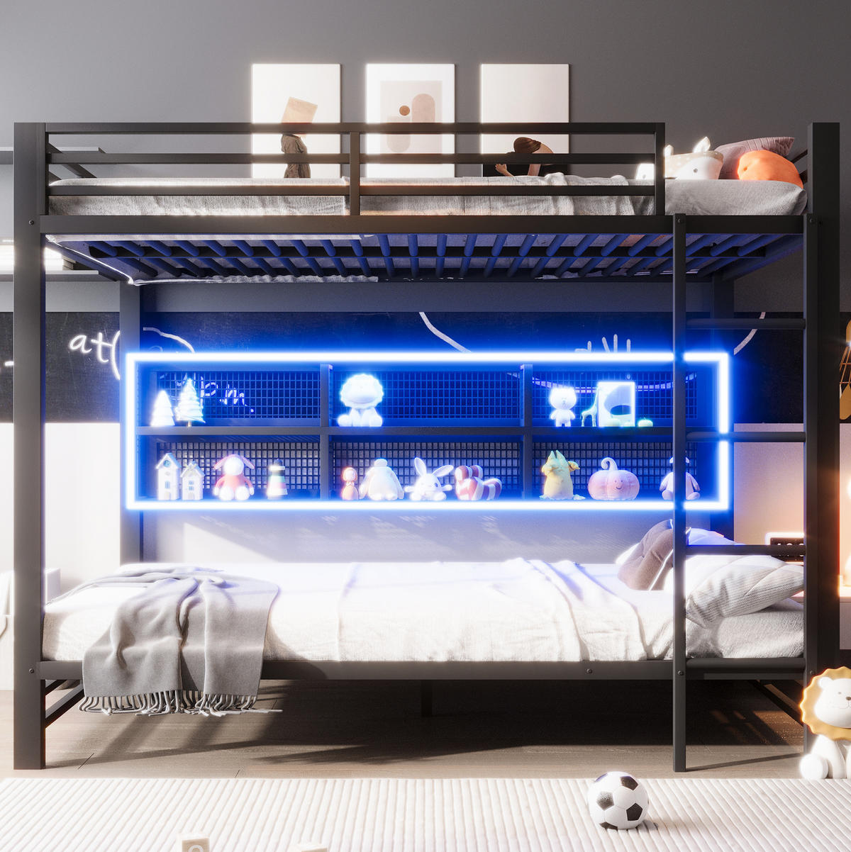 ETAGENBETT aus Metall 140x200 cm Schwarz mit 6 Stauraumschränken, Schutzgittern und LED-Beleuchtung - Schwarz, Metall (140/200cm) - Modfu