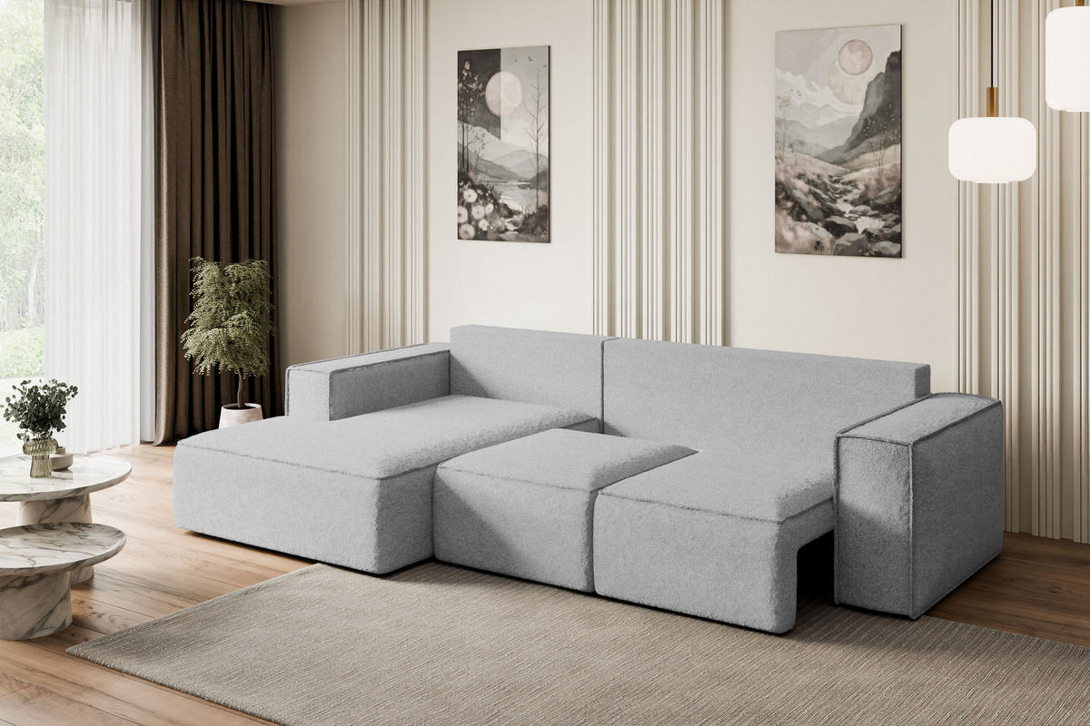 ECKSOFA mit Schlaffunktion und Bettkasten SERRA-L-S - 266x161x87 cm Hellgrau Bouclé - Hellgrau/Schwarz, Holzwerkstoff/Kunststoff (266/161cm) - ALTDECOR