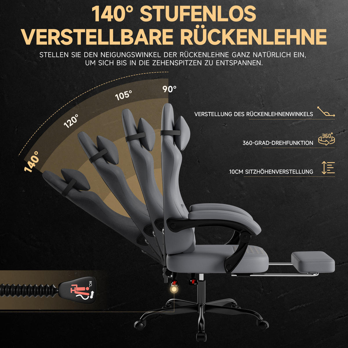 GAMING-STUHL, höhenverstellbar 10,2 cm, Rückenlehne 90–135°, Lederbezug, 58,5/63/120,5 cm, Grau - Grau, Naturmaterialen (63/120.5/58.5cm) - Redom
