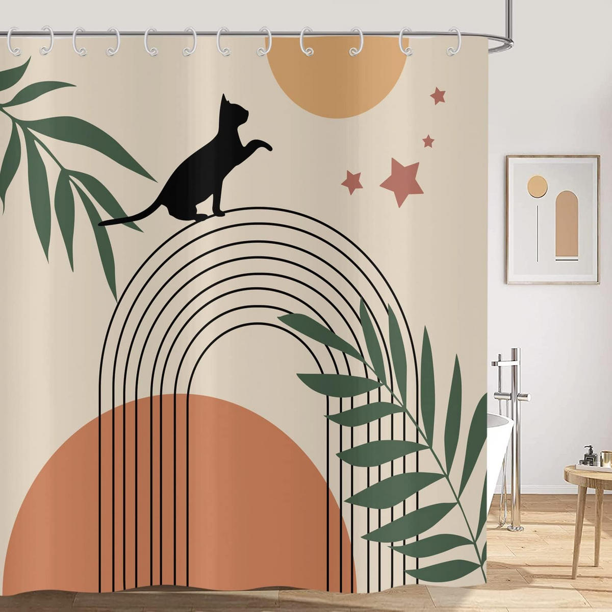 DUSCHVORHANG Boho Schwarz Katze Grün Blatt Beige Badewanne modern minimalistisch mit Haken - Multicolor, Textil (180/180cm) - MCBOSON