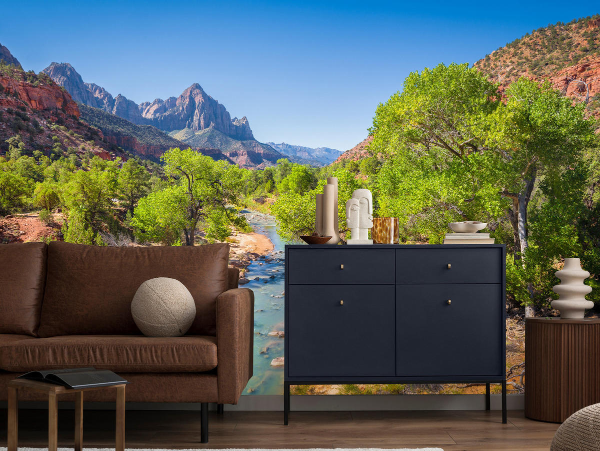 FOTOTAPETE für Esszimmer Virgin River Bäume Felsen Berge Natur 400x280 - Türkis/Blau, Papier (400/280cm) - Muralo