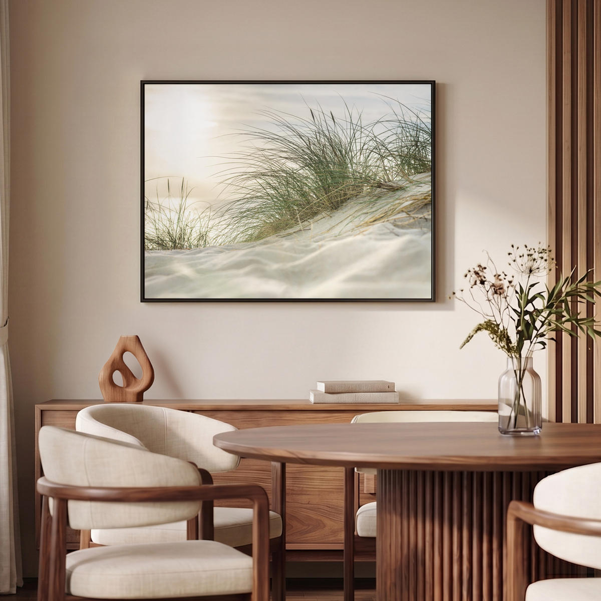 LEINWAND Bilder mit Rahmen - Dünen mit Strandhafer in der Sonne des Nationalparks Schleswig-Holsteinisches Wattenmeer - 100x70 - Creme, Textil (100/70cm) - MuchoWow