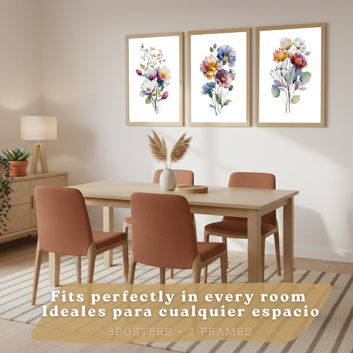 PLAKAT Sada 3 botanických uměleckých tisků. Květinové nástěnné umění. Moderní minimalistický květinový nástěnný PLAKAT. Velikost Světlý dřevěný rám A4 - béžová, papír (21/29.7/3cm) - Nacnic
